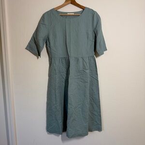 Grae Cove Linen Midi Prairie Peasant Dress Size Small Blue Minimalist Lagenlook